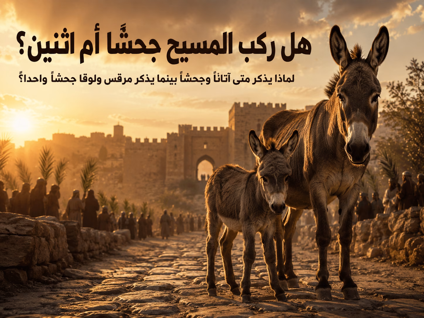 هل دخل المسيح أورشليم على جحش واحد أم على أتان وجحش؟ 1 هل دخل المسيح أورشليم على جحش واحد أم على أتان وجحش؟كيف نوفق بين متى الذي يذكر حيوانين، ومرقس ولوقا اللذين يذكران الجحش فقط؟