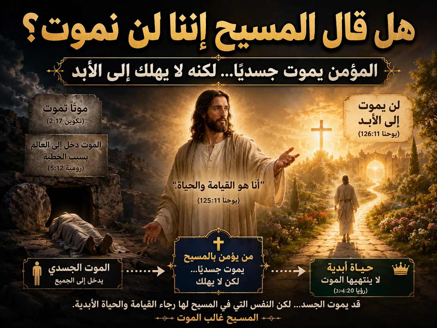 كيف قال المسيح إن المؤمن لن يموت إلى الأبد؟ يوحنا 11: 26 1 كيف قال المسيح إن المؤمن لن يموت إلى الأبد؟ يوحنا 11: 26هل يناقض المسيح حقيقة أن جميع البشر يموتون بسبب الخطية؟