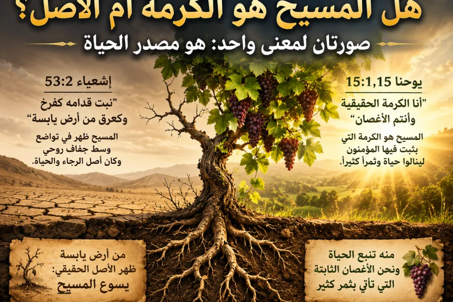 هل المسيح هو الكرمة أم الأصل؟ يوحنا 15: 1 وإشعياء 53: 2 حول المسيح كالكَرْمة الحقيقية وكأصل من أرض يابسة