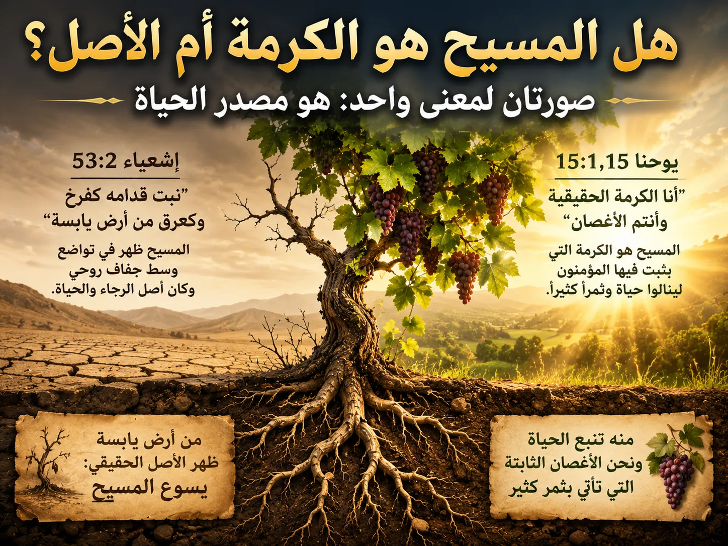هل المسيح هو الكرمة أم الأصل؟ يوحنا 15: 1 وإشعياء 53: 2 حول المسيح كالكَرْمة الحقيقية وكأصل من أرض يابسة 1 هل المسيح هو الكرمة أم الأصل؟ يوحنا 15: 1 وإشعياء 53: 2 حول المسيح كالكَرْمة الحقيقية وكأصل من أرض يابسة
