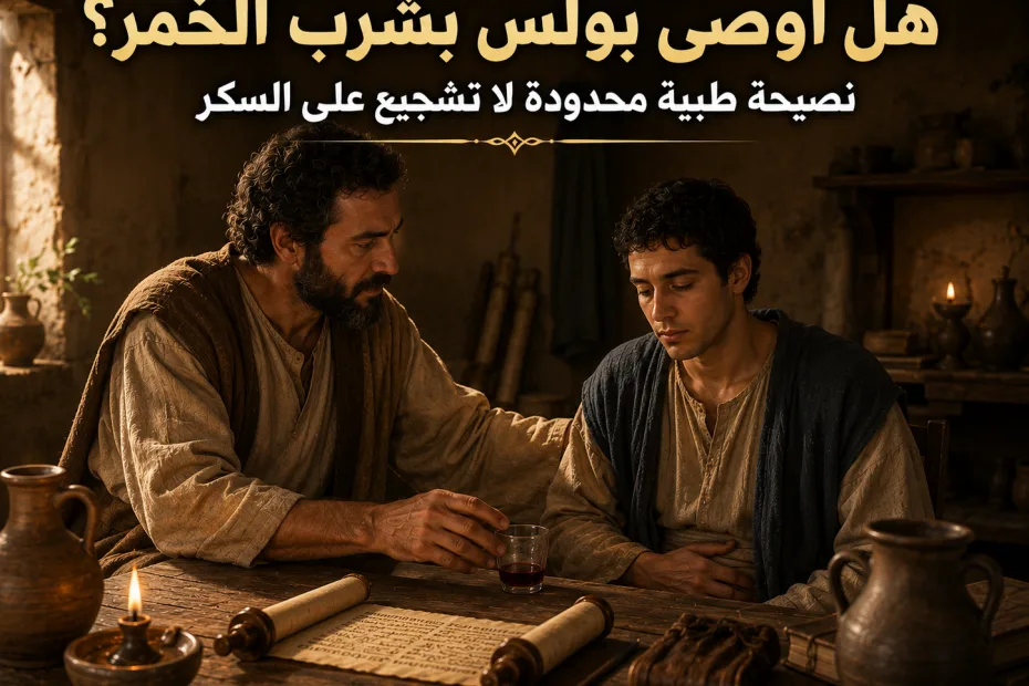 هل أوصى بولس المسيحيين بشرب الخمر؟ 1 تيموثاوس 5: 23 النص يتحدث عن استعمال قليل لغرض طبي، لا عن الشرب الاجتماعي أو السكر
