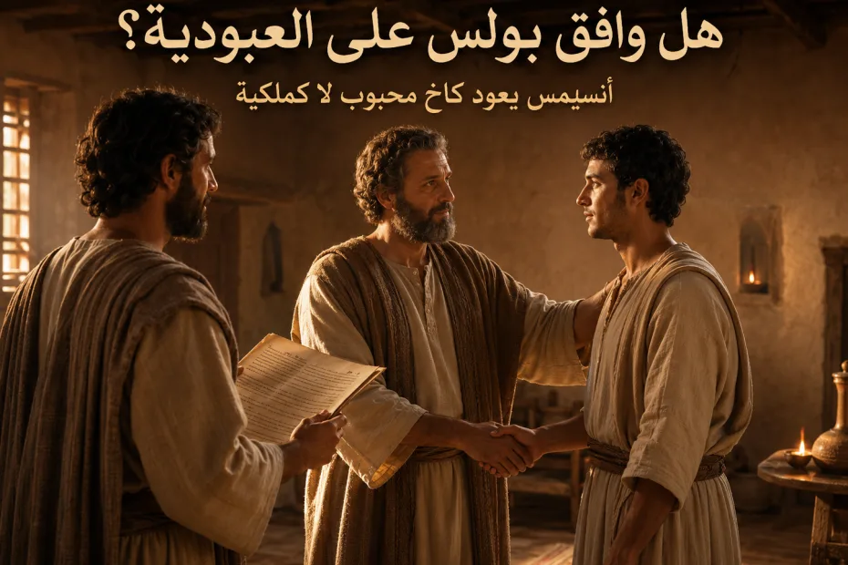 هل وافق بولس على العبودية عندما أعاد أنسيمس إلى فليمون؟ فليمون 1: 16 بولس لم يثبت العبودية، بل وضع أساسًا إنجيليًا لهدمها: العبد أخ محبوب في المسيح