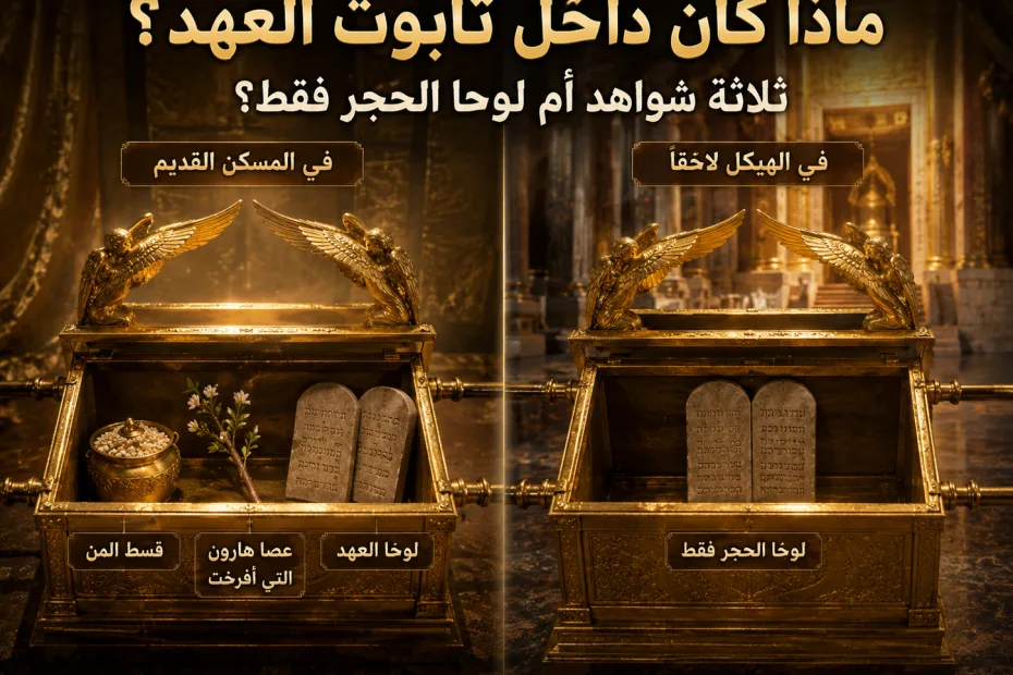 هل كان في تابوت العهد ثلاثة أشياء أم لوحا الشهادة فقط؟ عبرانيين 9: 4 7 هل كان في تابوت العهد ثلاثة أشياء أم لوحا الشهادة فقط؟ عبرانيين 9: 4