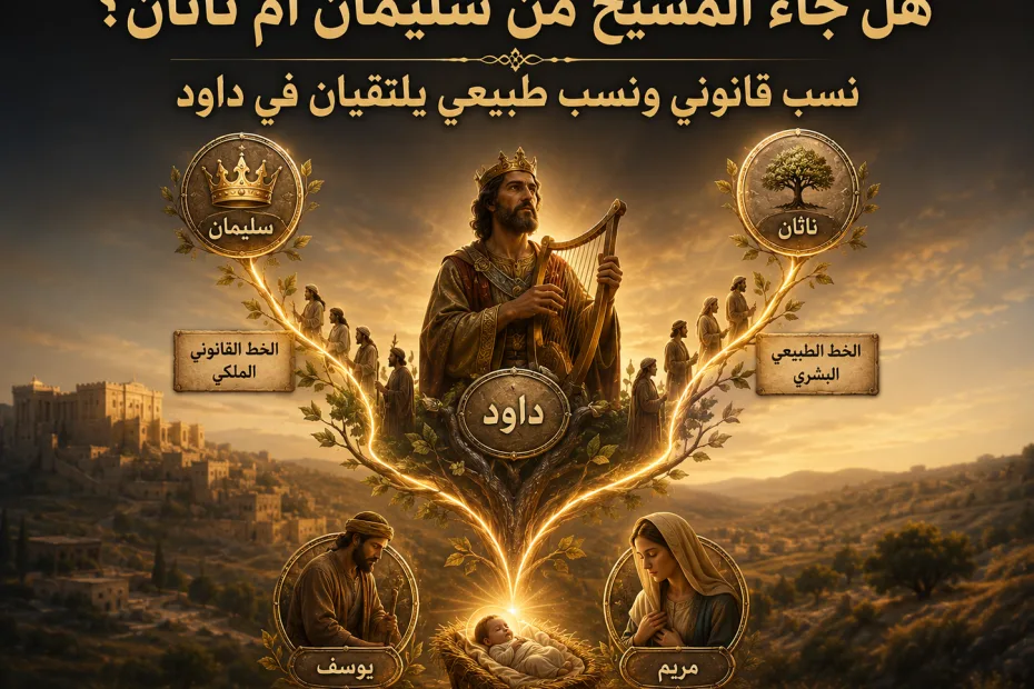 من أي ابن من أبناء داود جاء المسيح؟ سليمان أم ناثان؟ متى 1: 6 ولوقا 3: 31 2 من أي ابن من أبناء داود جاء المسيح؟ سليمان أم ناثان؟ متى 1: 6 ولوقا 3: 31 المسيح جاء من داود قانونيًا عبر سليمان، وطبيعيًا عبر ناثان
