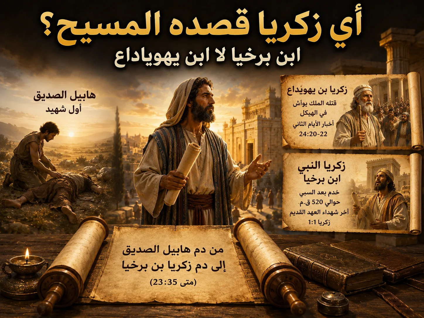 كيف يكون زكريا بن برخيا آخر الشهداء؟ وهل هو ابن يهوياداع؟ متى 23: 34-35 1 كيف يكون زكريا بن برخيا آخر الشهداء؟ وهل هو ابن يهوياداع؟ متى 23: 34-35