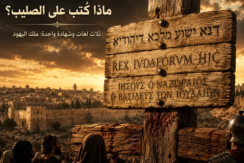 ما هي الصيغة الدقيقة للكتابة على الصليب؟ متى 27: 37 ومرقس 15: 26 ولوقا 23: 38 ويوحنا 19: 19